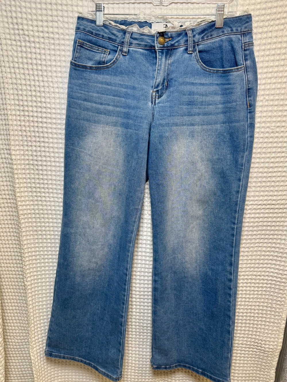 Flying Angel Lace Waist Denim Crop Jeans, Size 9/29, Stretch Wide Leg Ankle